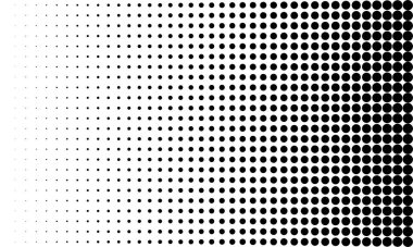 Yatay eğimli yarım ton nokta vektörü. Beyaz arka planda siyah noktalar. Doku arka planı, retro efekt, pop sanat şablonu. Monokrom rengi