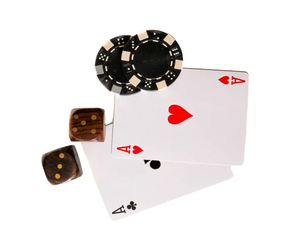 Pair Poker Chips Pair Dices Two Ace Playing Cards White — Stock Photo, Image