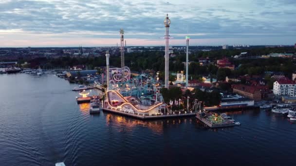 Aerial View Amusement Park Grona Lund Stockholm Sweden Dusk Colorful — Stock Video
