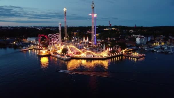 Вид Повітря Парк Розваг Грони Лунд Стокгольм Швеція Сутінках Барвистими — стокове відео