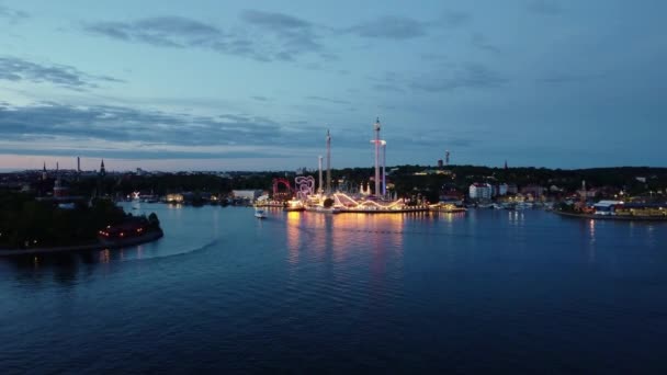 Вид Повітря Парк Розваг Грони Лунд Стокгольм Швеція Сутінках Барвистими — стокове відео