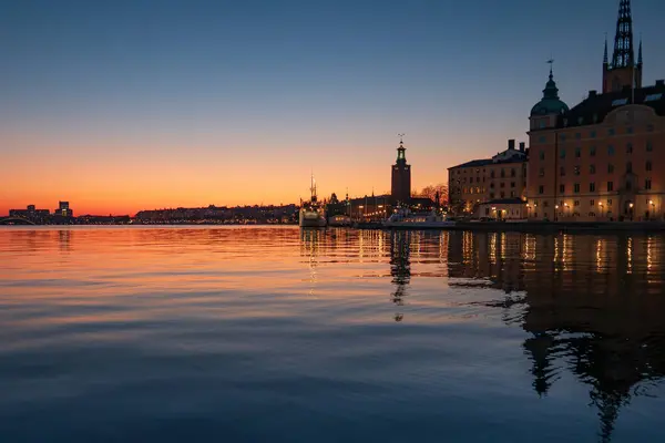 Pôr Sol Sobre Cidade Velha Estocolmo Skyline Kungsholmen Riddarholmen — Fotografia de Stock