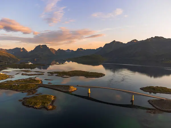 Naplemente Kilátás Lofoten Norvégia Felülről Magas Hegyek Fjord Selfjord Színes Jogdíjmentes Stock Képek