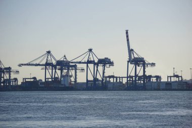 Portsay şehrindeki Süveyş Kanalı 'nın gemileri ve vinçleri.