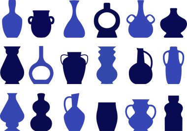 Yunan vazoları siluetleri. Daha sert desenli antik amforalar ve tencereler. Glyph Clay seramik toprak eşyalar. En iyi koleksiyon grup listesine sahip olan vektör Vintage beyaz arkaplan mavisi kümesi.