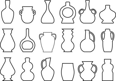 Yunan vazoları siluetleri. Daha sert desenli antik amforalar ve tencereler. Glyph Clay seramik toprak eşyalar. En iyi koleksiyon grubu listesine sahip beyaz arkaplan üzerindeki vektör Vintage.