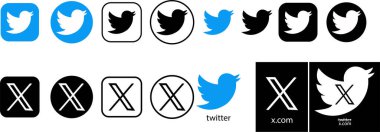 Yeni Twitter, x.com 'a karşı. Novation Elon Maskesi popüler sosyal medya düğmesi simgeleri ayarlandı, Twitter 'ın anlık haberci logosu. Editoryal vektör Turkuaz, siyah ve beyaz, daire şeklinde ve kare şeklinde..