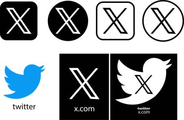 Yeni Twitter, x.com 'a karşı. Novation Elon Maskesi popüler sosyal medya düğmesi simgeleri ayarlandı, Twitter 'ın anlık haberci logosu. Editoryal vektör Turkuaz, siyah ve beyaz, daire şeklinde ve kare şeklinde..