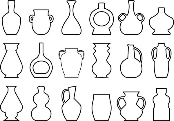 Greek vases line silhouettes. Ancient amphoras and pots with meander pattern. Glyph Clay ceramic earthenware. Vector Vintage on white background set with best collection group list.