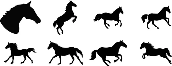 Conjunto de silhuetas de cavaleiros pulando cavalo sobre um