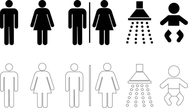 Набор Значков Туалета Символ Мужчины Женщины Душ Ванной Комнате Вектор — стоковый вектор