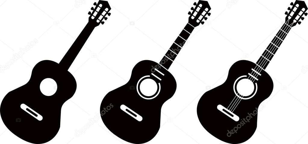 Black and white guitars. Acoustic and electric guitar outline musical instruments Vector isolated silhouette guitare doodle set and group collection.