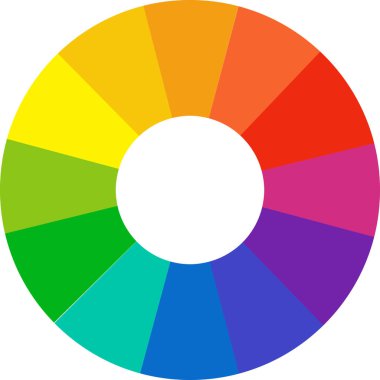 Renkli teker rehberi şeffaf arka plan vektöründe izole edildi. Çiçek desenleri ve palet. RGB ve CMYK renkleri. Pasta grafikleri. Farklı renk çemberleri simgesi. Bilgi ögesi yuvarlak şekli