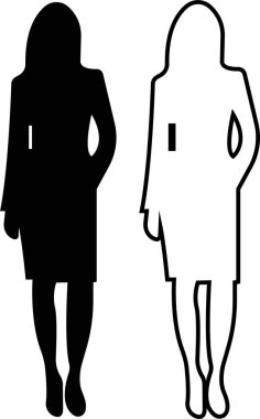 Daimi iş adamlarından oluşan kadın çalışma grubunun siluetleri siyah ikon vektör çizgisi düz. Ofis çalışanı kadın direktör ve astları kavramı şeffaf bir arkaplanda izole edilmiştir..