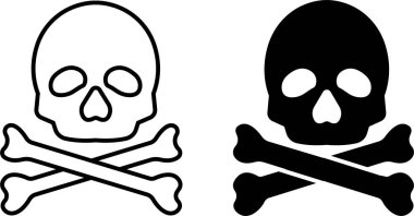 Beyaz arka planda izole edilmiş uygulamalar ve web siteleri için çapraz kemikler ölüm kafatası, tehlike veya zehirli düz vektör simgeleri. Ölüm logosu, sembol, işaret. Korsan sembolü. Vektör grafik. EPS 10
