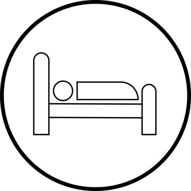 Yatakta modaya uygun kişi, otel vektör grafik düz veya çizgi siyah ikon. Travma hastanesi ikonu, şeffaf arka plan, internet konsepti. Web sitesi tasarım web düğmesi veya uygulaması için sembol veya imza.