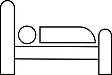 Yatakta modaya uygun kişi, otel vektör grafik düz veya çizgi siyah ikon. Travma hastanesi ikonu, şeffaf arka plan, internet konsepti. Web sitesi tasarım web düğmesi veya uygulaması için sembol veya imza.