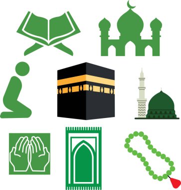İslami dua yeşil vektör simgesi beyaz arka planda izole edildi. Kabe, Medine, Kuran, Cami, Dua elleri, Tasbih, Dua eden Adam ve Halı sembolü koleksiyonu Ramazan, webiste ve uygulama için.