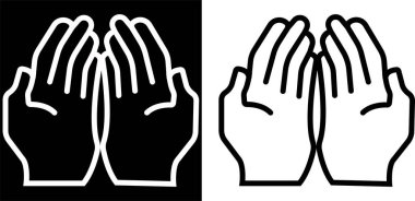 Dua el simgeleri ayarlandı. Müslüman dua eden el çizgisi simgesi beyaz ve siyah renklerde izole edilmiş. Web, mobil uygulamalar ve ui için dua eden Müslüman el koleksiyonundan düz vektör simgesi.