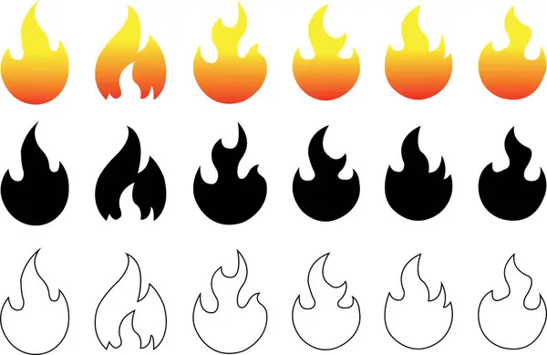 Ícones vetoriais de chamas de fogo em estilo de desenho animado em um fundo  branco chamas de formas diferentes bola de fogo definir símbolos de chamas  ilustração vetorial