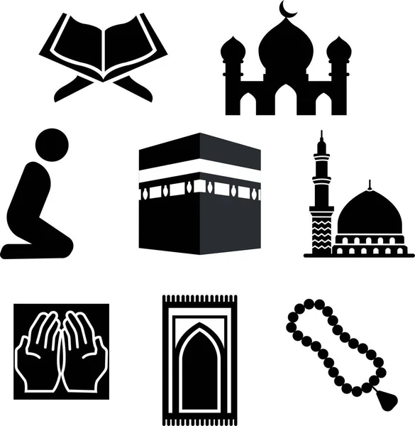 Islamic religion prayer black vector icon set isolated on white background. collection of Kaaba, Medina, Quran, Mosque, Dua hands, Tasbih, Praying man, and Rug symbol use for Ramadan, webiste and app.