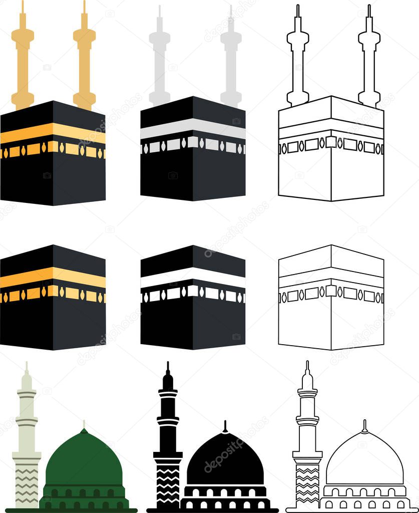 Kaaba, Mecca and Madina Pak Islamic sacred Masjid-Al-Haram on white background. Mosque Kingdom of Saudi Arabia icon set use for islamic logos, web, app, and other social media website.