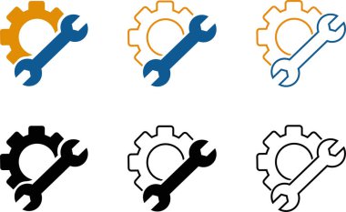 Renkli ve siyah düz simgeler üretiliyor. Servis vektör simgesi tasarımları beyaz arkaplanda izole edildi. İş aletleri koleksiyonu. Onarım ve inşaat malzemeleri ayarlandı. Eskiz vintage vektörü.