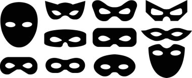 Maskeli süper kahraman karnaval kötü adamı veya hırsız vektör ikonu seti. Siyah taslak, düz maskeli, maskeli, maske maskeli, gizli yüz koleksiyonu. Tebdili kıyafet tiyatro partisi maskeli şekil sanatı.