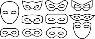 Maskeli süper kahraman karnaval kötü adamı veya hırsız vektör ikonu seti. Siyah taslak, düz maskeli, maskeli, maske maskeli, gizli yüz koleksiyonu. Tebdili kıyafet tiyatro partisi maskeli şekil sanatı.
