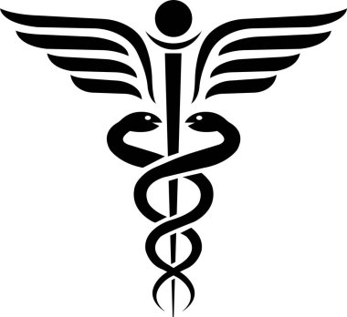 Beyaz arka planda izole edilmiş sopa ve kanat vektörlü yılan tıbbi simgesi. Tıbbi uygulamalar ve web siteleri için Hermes sağlık hizmetleri ikonu Caduceus.