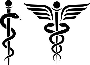 Beyaz arka planda izole edilmiş sopa ve kanat vektörlü yılan sembolleri. Tıbbi uygulamalar ve web siteleri için Hermes sağlık hizmetleri ikonu Caduceus.