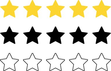 Yıldız koleksiyonu. Yıldız vektör simgeleri. Beyaz arka planda izole edilmiş altın ve siyah çizgiler. Modern düz stil yıldızlar. Vector Star etiketi, çıkartma amblemi. Parlak sembol.