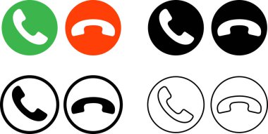 Simgeler hazır. Telefon Çevir Sembolleri. Cevap ver ve reddet. Yeşil ve Kırmızı. Hem evet hem hayır. Düz çizgi koleksiyonu. Web sitesi tasarımı, mobil uygulama için saydam arkaplan simgesinde izole edilmiş siyah vektörler, ui.