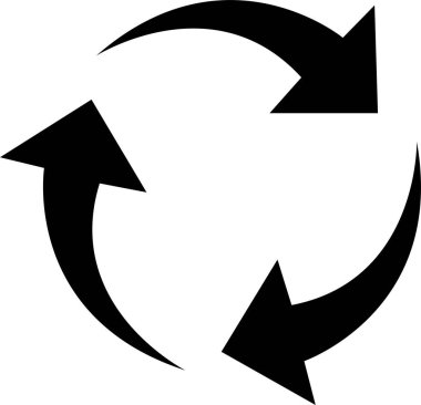 Geri dönüşüm, şeffaf arkaplanda izole edilmiş siyah düz simge. Paketleme ürünlerinin tasarımı için vektör sembolü geri dönüşüm ve döndürme ok simgesi paketi, taşınan mallar hakkında bilgi.