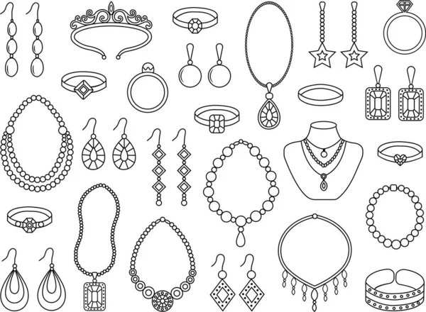Sieraden Iconen Ingesteld Vrouwen Accessoires Ringen Armbanden Oorbellen Kralen Ketting — Stockvector