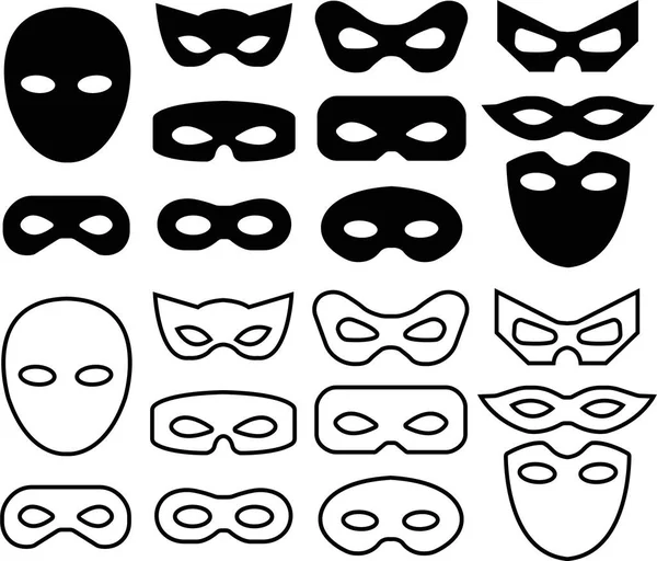 Maschera Supereroe Carnevale Cattivo Ladro Set Icone Vettoriali Collezione Contorno — Vettoriale Stock