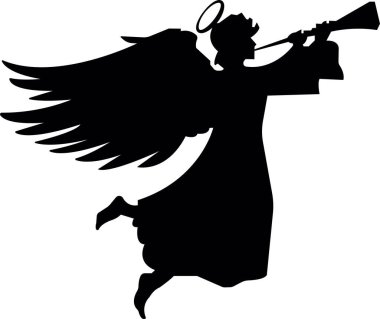 Şeffaf bir arkaplanda melek şarkısı söylüyor. Meleğin trompet çaldığı simetrik klasik dekorasyon. Siyah düz siluet. Tasarım, açılışlar, selamlama, iç unsur