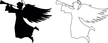 Şeffaf arkaplanda iki melek şarkı söylüyor. İki meleğin trompet çaldığı simetrik klasik dekorasyon. Siyah siluet düz ve çizgi halinde. Tasarım, açılışlar, selamlama, iç unsur