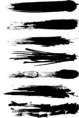 Kurutulmuş siyah fırça simgesi kirli boya serpiştirilmiş. Grafik tasarım metin alanı için izole edilmiş siyah mürekkep kalıpları. Mürekkep fırçası darbelerinin sanatsal dokusu, sıçrama lekeleri, boya fırçası vektörü.