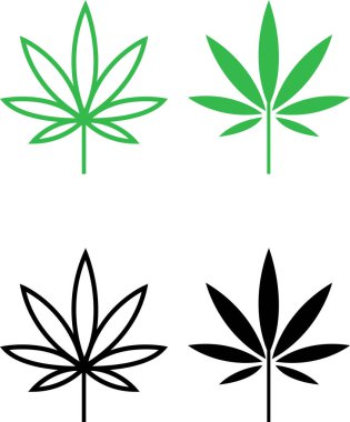Kenevir yaprağı ikonu seti. Kenevir marihuana yaprağı vektör sembolü siyah ve yeşil renkte. CBD ot yaprağı imzası bitkisel doğa organik izole kolleksiyon düz ve web sitesi Bilgisayar ve mobil için satır sembolü.