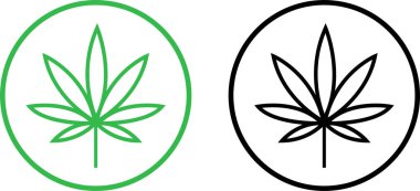 Kenevir yaprağı ikonu seti. Kenevir marihuana yaprağı vektör sembolü siyah ve yeşil renkte. CBD ot yaprağı imzası bitkisel doğa organik izole kolleksiyon düz ve web sitesi Bilgisayar ve mobil için satır sembolü.