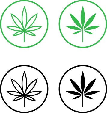 Kenevir yaprağı ikonu seti. Kenevir marihuana yaprağı vektör sembolü siyah ve yeşil renkte. CBD ot yaprağı imzası bitkisel doğa organik izole kolleksiyon düz ve web sitesi Bilgisayar ve mobil için satır sembolü.