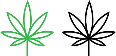 Kenevir yaprağı ikonu seti. Kenevir marihuana yaprağı vektör sembolü siyah ve yeşil renkte. CBD ot yaprağı imzası bitkisel doğa organik izole kolleksiyon düz ve web sitesi Bilgisayar ve mobil için satır sembolü.