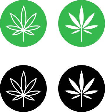 Kenevir yaprağı ikonu seti. Kenevir marihuana yaprağı vektör sembolü siyah ve yeşil renkte. CBD ot yaprağı imzası bitkisel doğa organik izole kolleksiyon düz ve web sitesi Bilgisayar ve mobil için satır sembolü.