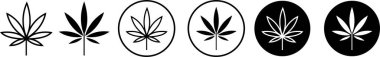 Kenevir yaprağı ikonu seti. Kenevir marihuana yaprağı vektör sembolü siyah renkte. CBD ot yaprağı imzası bitkisel doğa organik izole kolleksiyon düz ve web sitesi Bilgisayar ve mobil için satır sembolü.