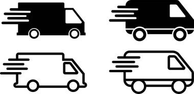 Kamyon simgesi ayarlandı. Yük, ulaştırma sembolü vektörü şeffaf arkaplanda izole edildi. Ulaşım uygulamaları ve web siteleri için hızlı hareket eden nakliye kamyonu hattı veya düz sanat koleksiyonu kullanımı