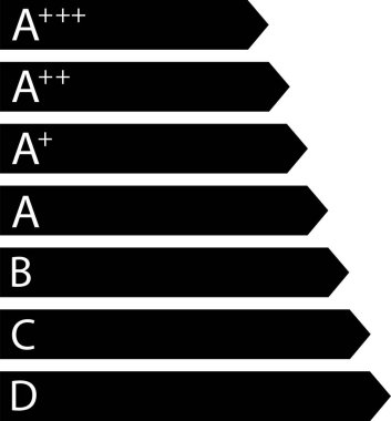 Enerji verimliliği şeması simgesi şeffaf arkaplanda izole edildi. Ev enerjisi verimliliği vektör ölçek işareti, ampul enerjisi derecelendirme çubuğu sembolü. Enerji tüketimi işareti. Düz siyah vektör stoku.