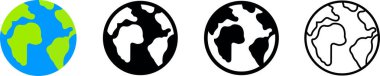 Dünya gezegen ikonu seti. Uluslararası dünya haritası düz veya çizgi tasarım biçimi şeffaf arkaplan, vektör koleksiyonu izole. Web afişi, web ve mobil, bilgi grafikleri için.