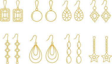 Altın Mücevher taslak simgeleri ayarlandı. Kadın aksesuarları, elmas kolye ve inci küpeler, eskiz tarzında değerli taşlar. El çizimi vektör koleksiyonu şeffaf arkaplanda izole edildi.