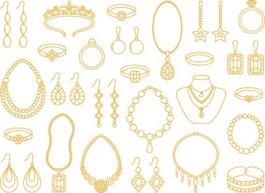Altın Mücevher ikonları hazır. Kadın aksesuarları, yüzükler, bilezikler, küpeler, boncuklar, zincirler, kolyeler, kolye, kolye, taslak şeklinde elmaslar. El çizimi vektörü şeffaf arkaplanda izole edildi.